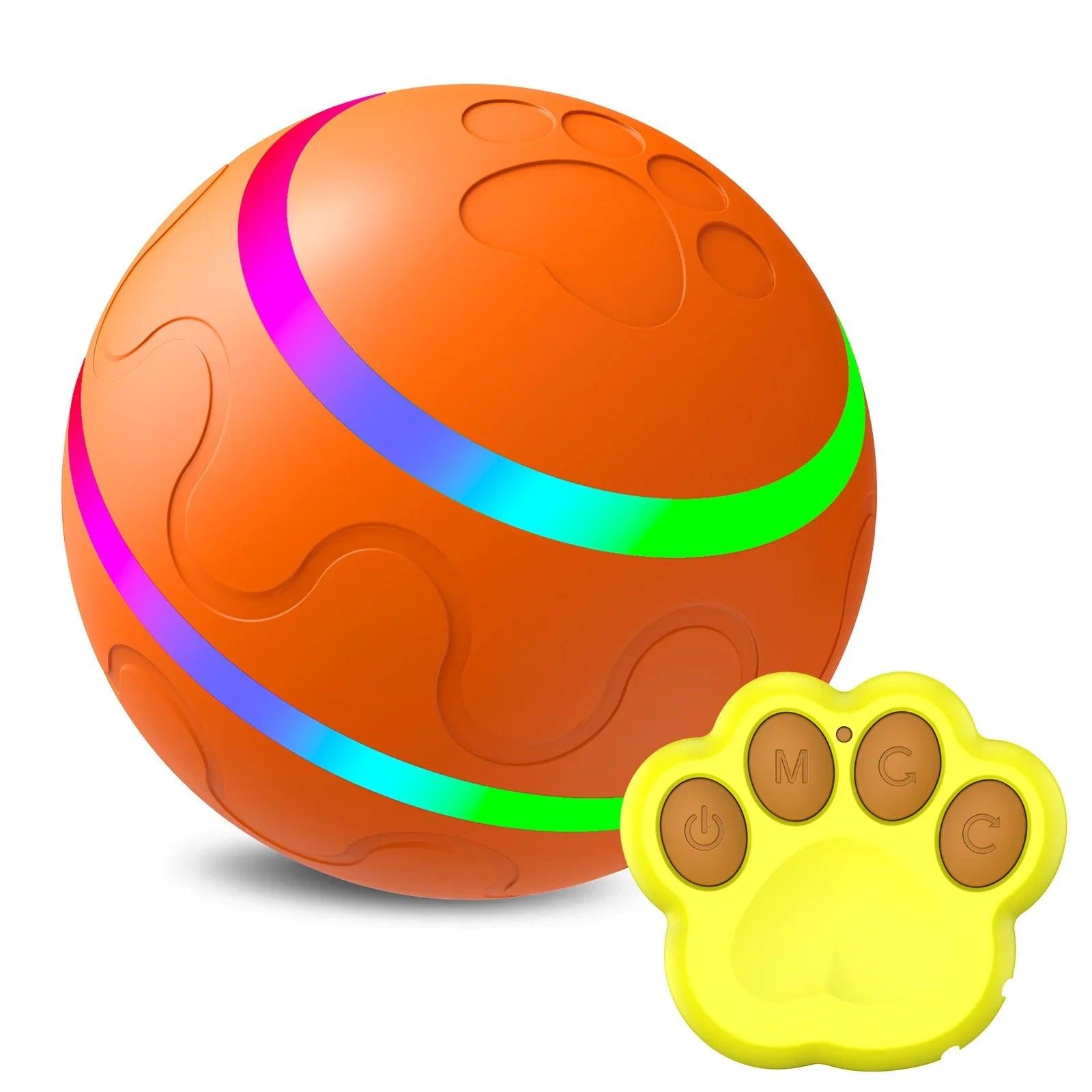 Orange interactive pet toy ball with LED lights and yellow paw-shaped remote control