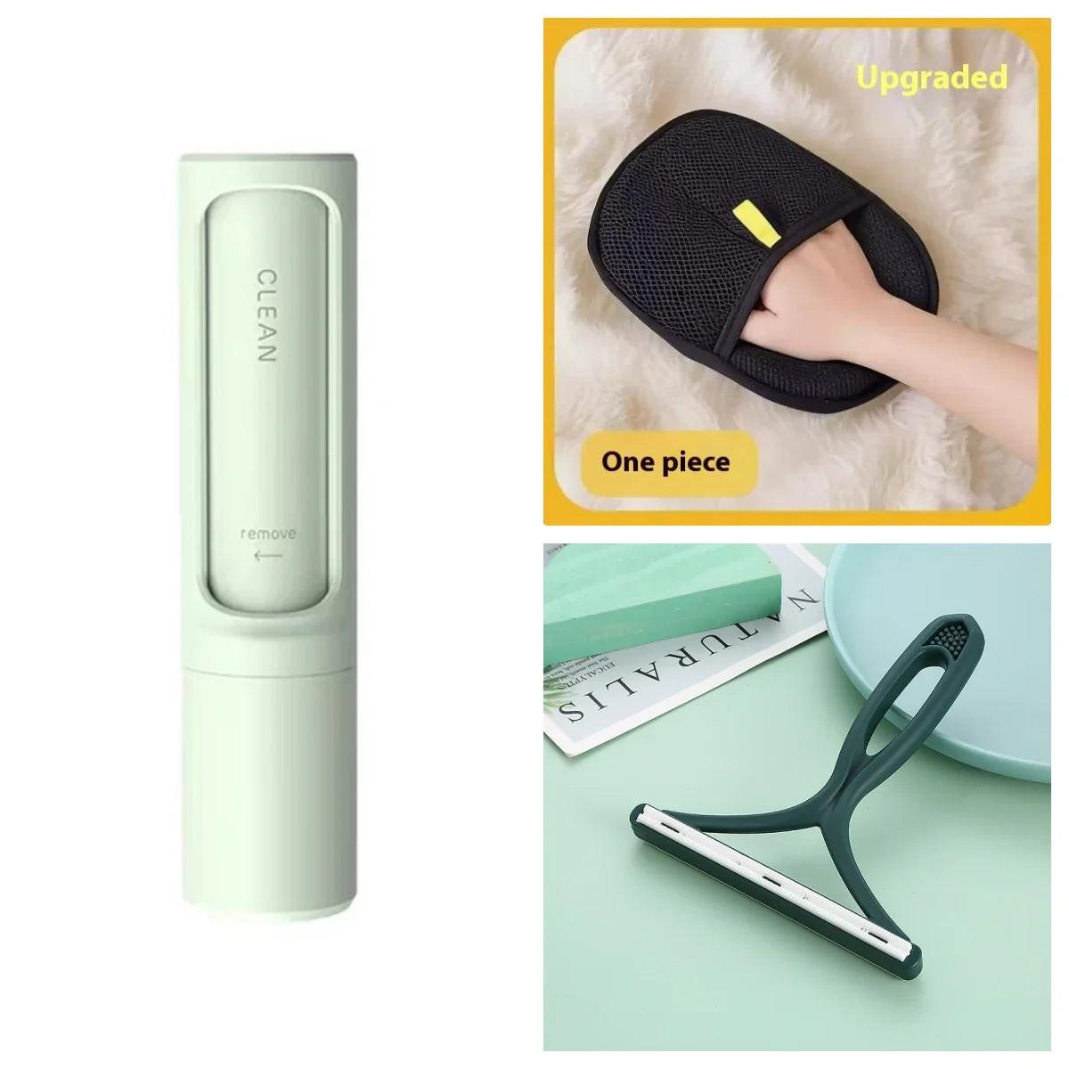 Pet hair remover set with cleaning brush, upgraded grooming mitt, and scraper tool