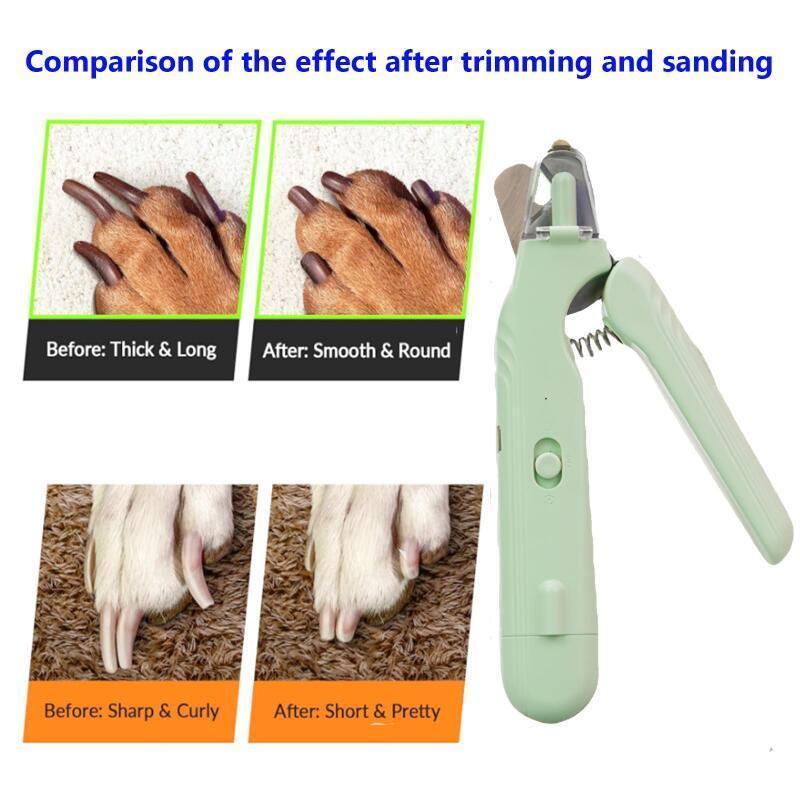 Dog paw nail trimming before and after using pet nail clipper and grinder tool