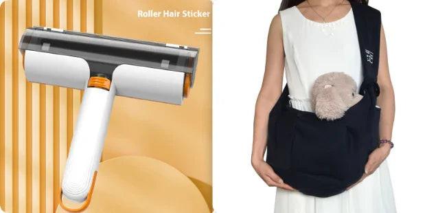 Pet hair removal roller tool and woman carrying small dog in a sling carrier bag