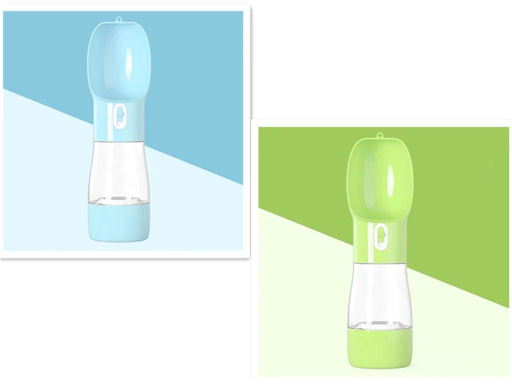 Blue and green portable pet water bottles with built-in bowls on color backgrounds