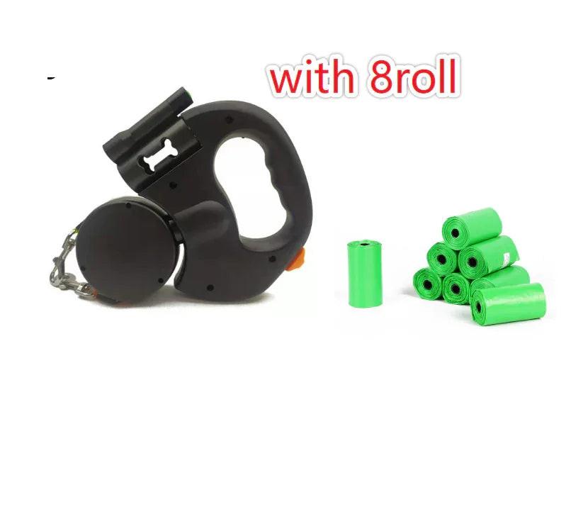 Retractable dog leash with waste bag dispenser and 8 green poop bag rolls for pets