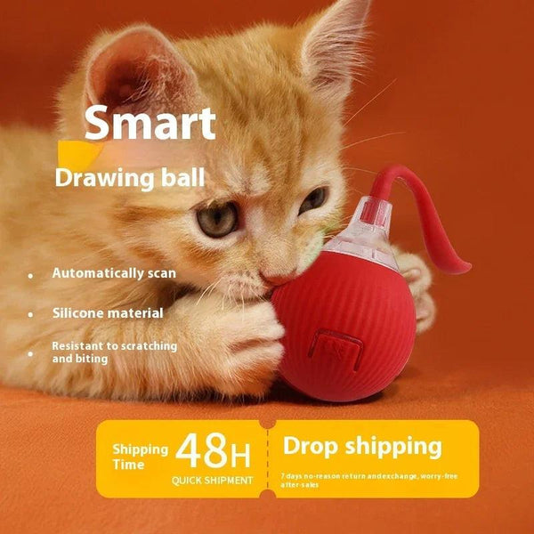Orange kitten playing with red smart silicone pet ball, interactive cat toy on orange background.
