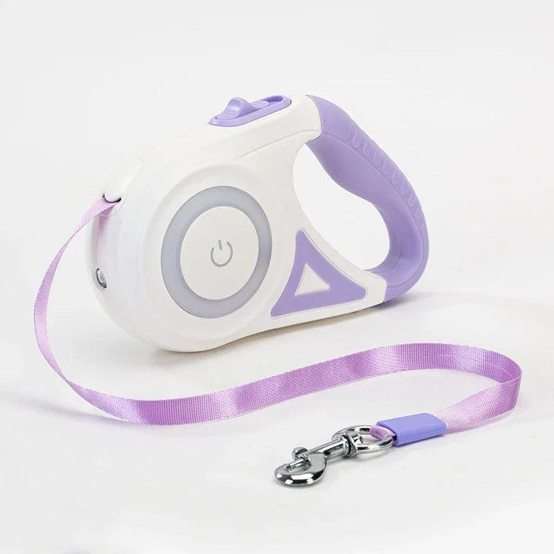 Retractable dog leash with white and purple handle and light purple nylon strap