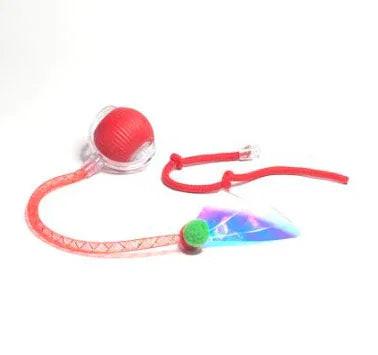 Interactive cat toy with red ball, rope, and reflective feather attachment on white background