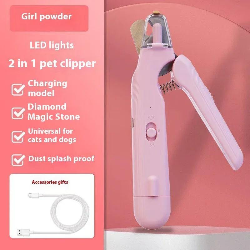 Pink 2-in-1 pet clipper for cats and dogs with LED light and USB charging cable