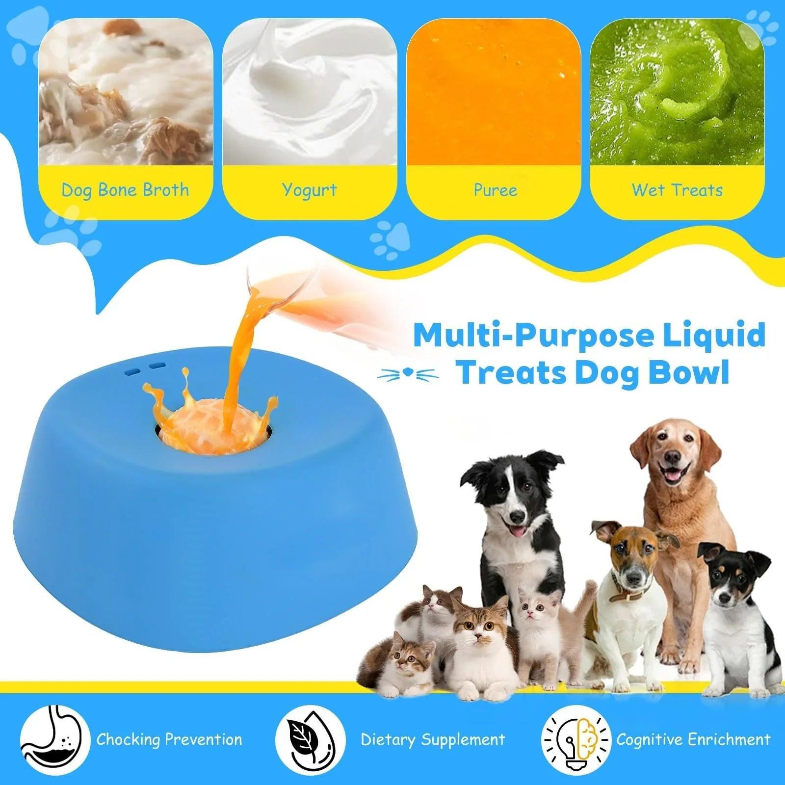 Blue liquid treat dog bowl for cats and dogs, suitable for broth, yogurt, puree, and wet treats.