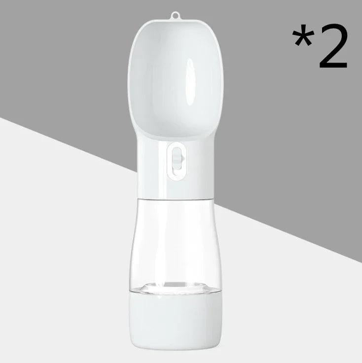 Portable pet water bottle with dispenser for dogs and cats, shown in white, quantity two.