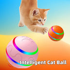 Orange kitten playing with interactive LED cat ball toy on colorful background