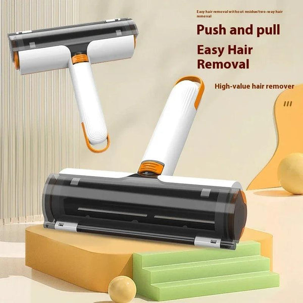 Pet hair remover roller with white and orange handle for dog and cat fur removal.