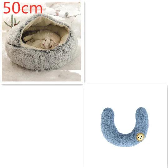 Gray plush pet bed with sleeping cat, 50cm size, and a blue U-shaped pet neck pillow.