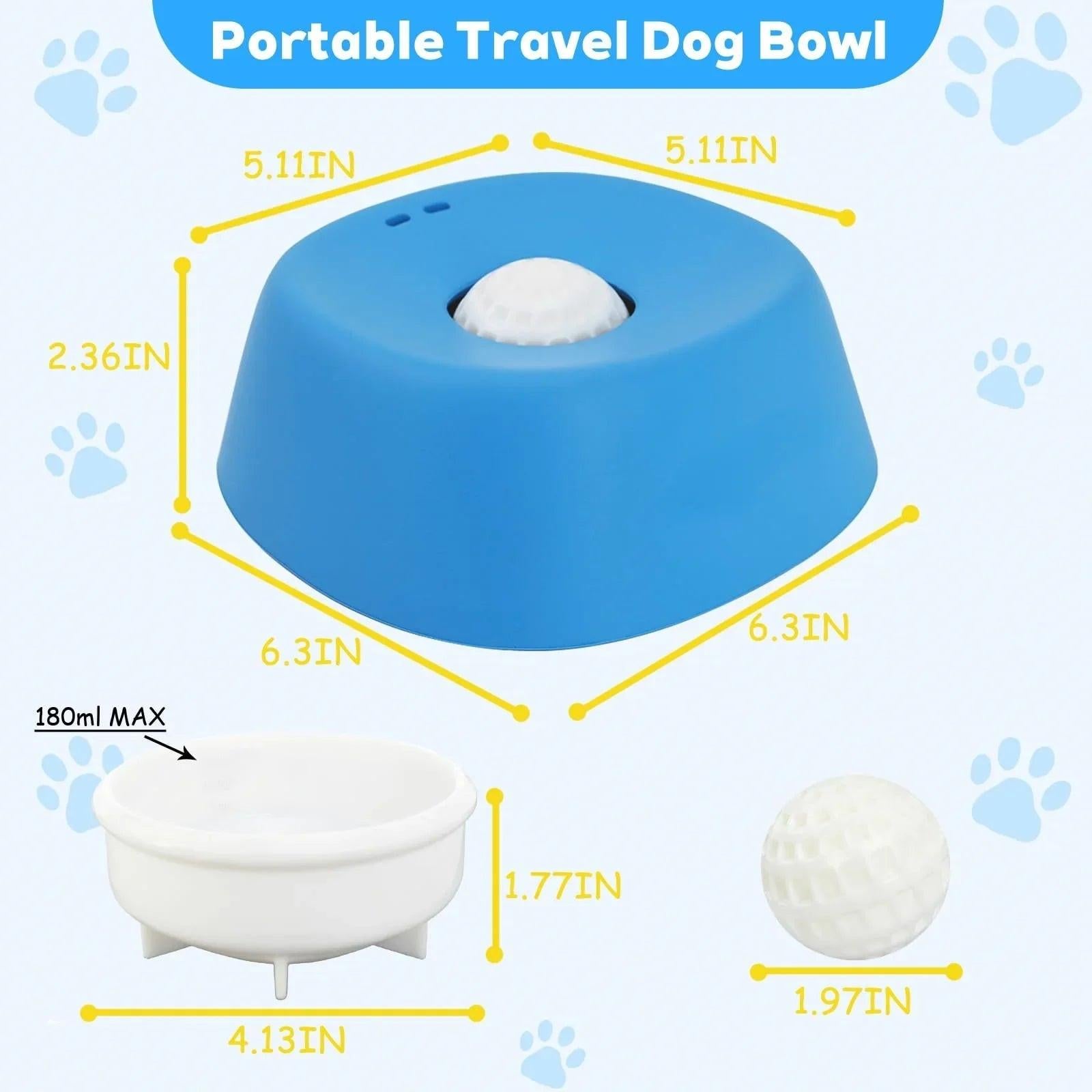 Blue portable travel dog bowl with measurements, white insert, and textured ball accessory.