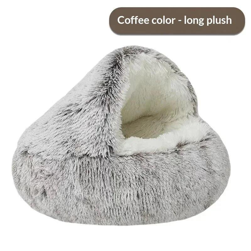Long plush coffee color cat and dog bed with cozy, cave-style hooded design