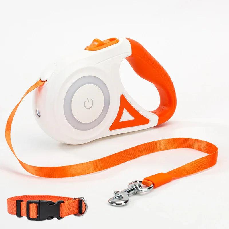 Orange and white retractable dog leash with matching collar on white background