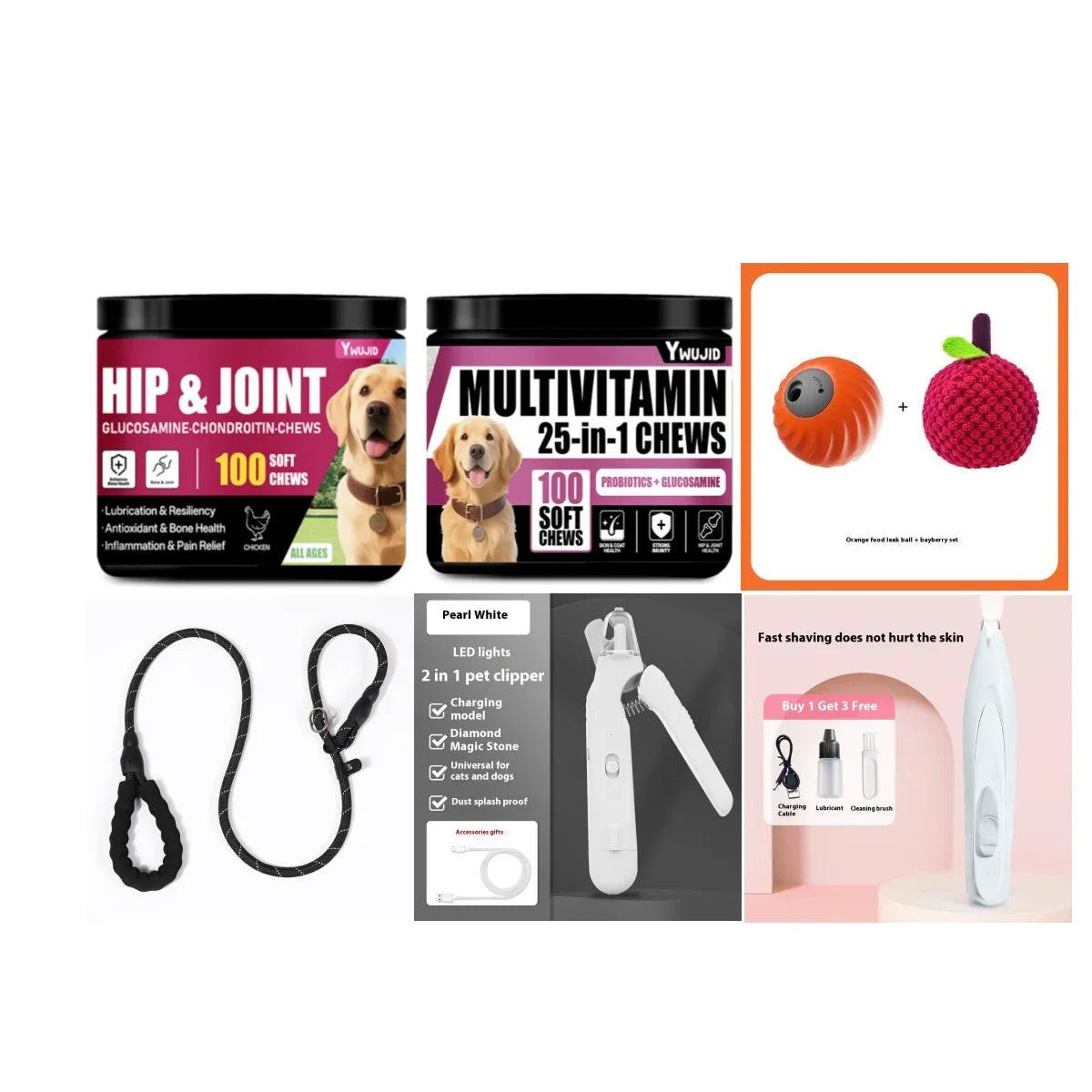Assorted dog essentials including hip and joint chews, multivitamin treats, durable toys, leash, and grooming tools.