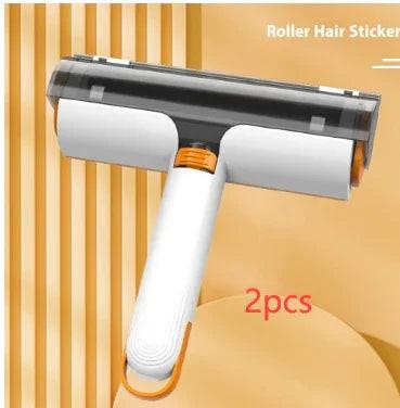 Pet hair remover roller with ergonomic handle for dog and cat fur, beige background, 2pcs